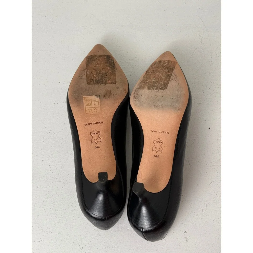 Tory Burch Black Leather Pointed Toe Kitten Heels with Bow Detail Size 6M